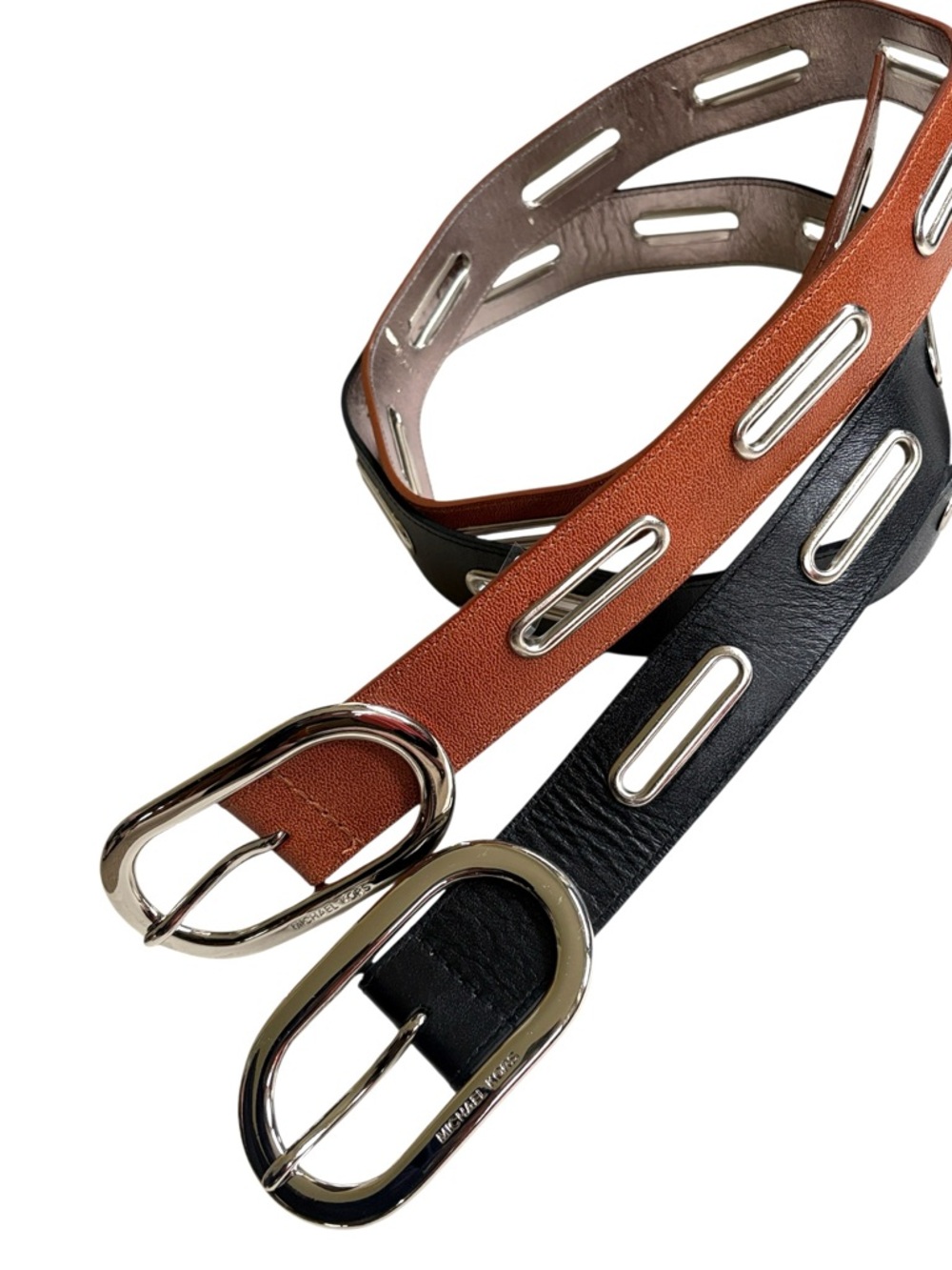 NEW Lot of 2 Michael Kors Leather Belts Black Brown Silver Size Small